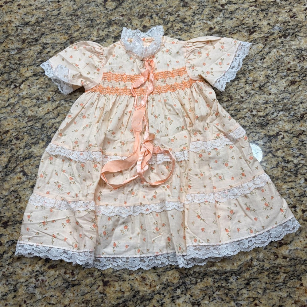 Vintage Sears Perma-Prest Peach Floral Smocked Lace Prairie Dress Girls Size 4